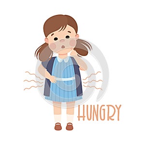 Little Girl Showing Hungry Sense Standing Having Growling Stomach Vector Illustration