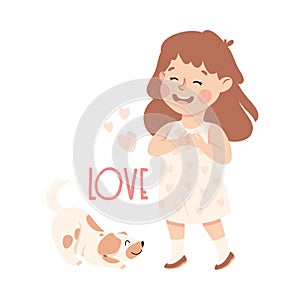 Little Girl Showing Love Sense Standing Near Puppy Vector Illustration