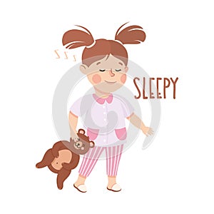 Little Girl Showing Sense of Sleepiness Walking to Bed in Pajama with Teddy Bear Vector Illustration photo
