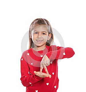 Little girl showing STAND gesture in sign language