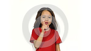 Little girl shows emotion, posing and have fun at white background