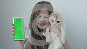 Little girl shows phone with green screen holding ginger cat breed Scottish fold