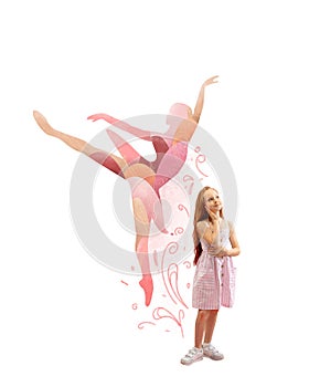 Little girl and silhouette of ballerina dancing. Kid dreaming of becoming famous ballet dancer. Contemporary art collage