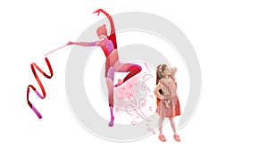Little girl and silhouette of rhythmic gymnast performing. Kid dreaming of becoming gymnast in future. Contemporary art