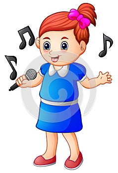 Little girl singing with microphone and music notes