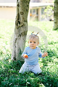 Little girl sits on her knees under a tree in green grass and holds a peach in her hand
