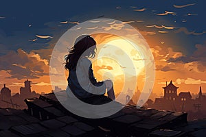 little girl sits on house roof and looking to the moon AI generated