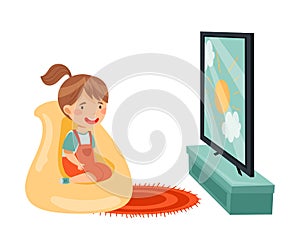 Little Girl Sitting in Armchair Watching Cartoon Film on TV Vector Illustration