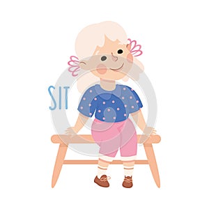 Little Girl Sitting on Bench Demonstrating Vocabulary and Verb Studying Vector Illustration