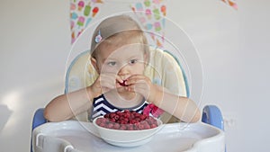 A little girl sitting at a children`s table eats ripe red raspberries