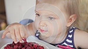 A little girl sitting at a children`s table eats ripe red raspberries