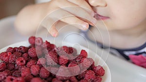 A little girl sitting at a children`s table eats ripe red raspberries