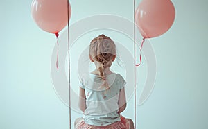 Little girl sitting on the floor and looking at her reflection in the mirror with pink balloons
