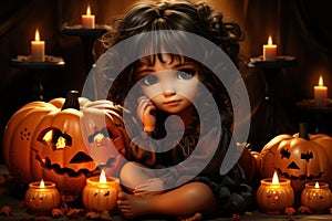 A little girl sitting in front of a pile of pumpkins. Generative AI image.