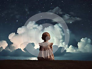a little girl is sitting on a ledge looking at the sky at night