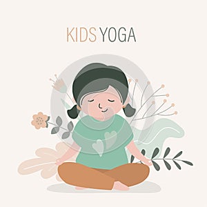 Little girl sitting in lotus position. Cute child practicing yoga. Kid stretches and meditates in pose
