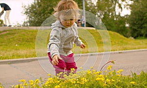 Little girl sitting near flower bed