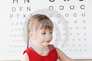 Little girl sitting near table for eye examination