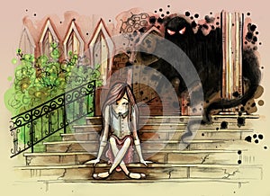 Little girl sitting on the old stoned stairs with evil ghost behind her