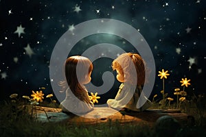 Little girl sitting in a park in the night sky with stars, moon and clouds