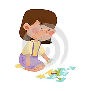 Little Girl Sitting and Putting Together Jigsaw Puzzle Vector Illustration