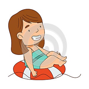 Little Girl Sitting on Rubber Ring and Swimming in Water Vector Illustration