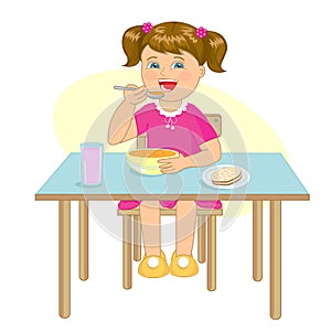 A little girl is sitting at the table and eating. Vector .