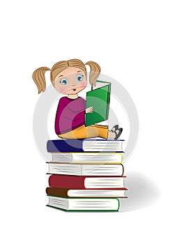 Little girl sitting on the top of stack of books and reading isolated on th white background, vertical vector illustration