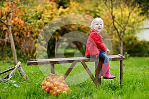 Little girl sitting on a wooden bench on autumn