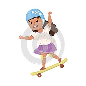 Little Girl on Skateboard in Skate Park in Helmet and Kneepads Having Fun and Enjoying Recreational Activity Vector