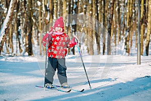 Little girl ski in winter nature, active lifestyle