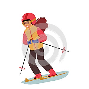 Little Girl Skiing Child Wearing Warm Sportive Costume and Goggles Going Downhill by Skis Isolated on White Background