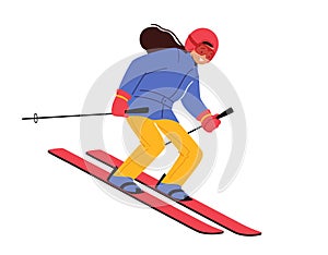 Little Girl Skiing Isolated on White Background. Child Wearing Warm Sportive Costume and Goggles Going Downhill by Skis