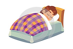 Little girl sleeping in bed. Happy child sleeps under duvet in bedroom, peacefully sleep on mattress, bedtime kids photo