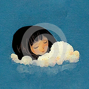 A little girl sleeping in a cloud, illustration