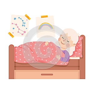 Little Girl Sleeping in Her Bed Under Blanket Having Night Rest Vector Illustration