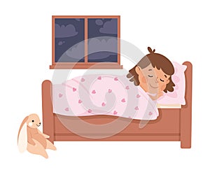 Little Girl Sleeping in Her Bed Under Blanket Having Night Rest Vector Illustration