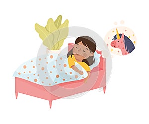 Little Girl Sleeping in Her Bed Under Blanket Having Night Rest Vector Illustration