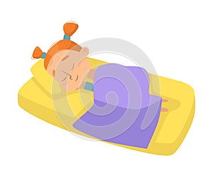 Little Girl Sleeping Sweetly in her Bed under Blanket, Bedtime, Sweet Dreams of Adorable Kid Concept Cartoon Style