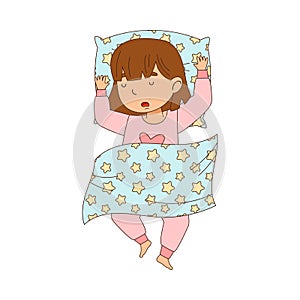 Little Girl Sleeping Sweetly on Soft Pillow Under Blanket in Her Bed Vector Illustration