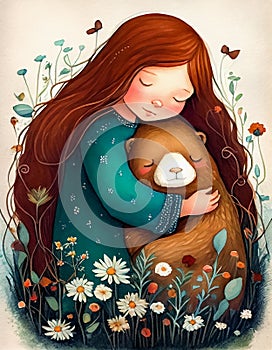 Little girl sleeping with teddy bear in her arms. Watercolor painting for children\'s book. Nursery art. Generative AI