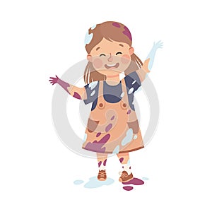 Little Girl Smeared in Paints with Her Dress in Spots Vector Illustration