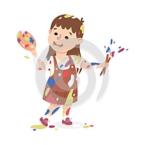 Little Girl Smeared in Paints Holding Artist Palette and Brush Vector Illustration