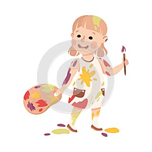 Little Girl Smeared in Paints Holding Artist Palette and Brush Vector Illustration