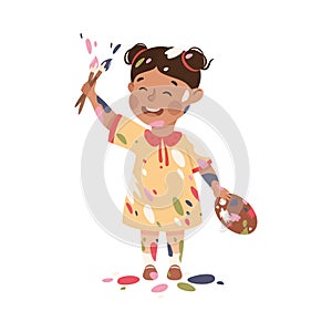 Little Girl Smeared in Paints Holding Artist Palette and Brush Vector Illustration