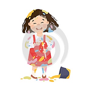 Little Girl Smeared in Paints Holding Brush Near Overturned Bucket Vector Illustration