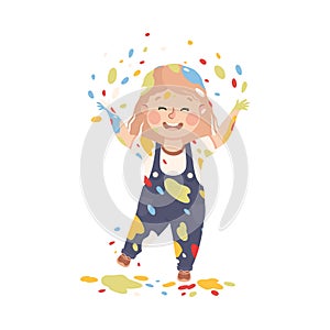 Little Girl Smeared in Paints Throwing Splashes Vector Illustration