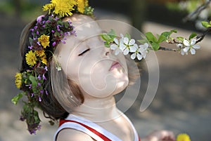 Little girl smelling apple tree flowers