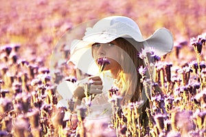 Little girl smelling a flower tansy phacelia on a summer evening