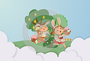 Little girl smile running hunting decorative chocolate egg in easter bunny costume ears and tail vector illustration